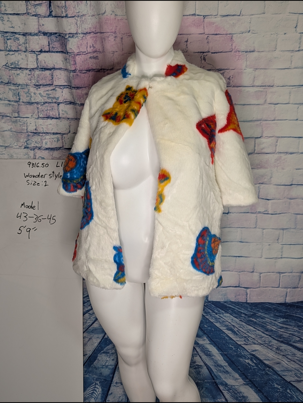 White Faux Fur Teddy Jacket with Multicolor Patch Accents Best Guess On Size